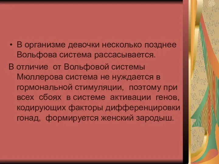 В организме девочки несколько позднее Вольфова система рассасывается. В отличие