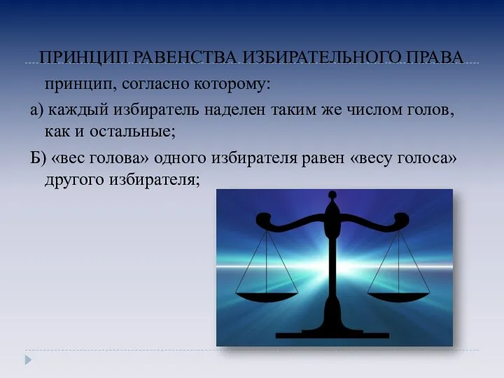 ПРИНЦИП РАВЕНСТВА ИЗБИРАТЕЛЬНОГО ПРАВА принцип, согласно которому: а) каждый избиратель