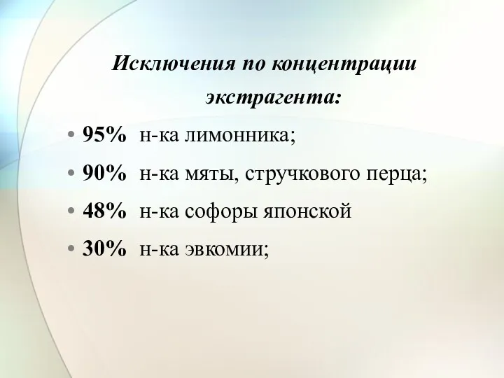 Исключения по концентрации экстрагента: 95% н-ка лимонника; 90% н-ка мяты,