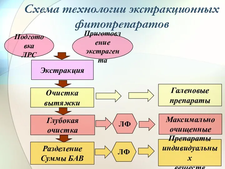 Схема технологии экстракционных фитопрепаратов Галеновые препараты Очистка вытяжки Глубокая очистка