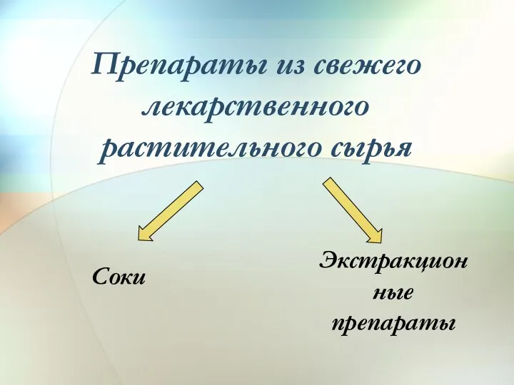 Соки Экстракционные препараты Препараты из свежего лекарственного растительного сырья