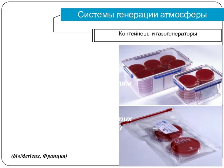 Системы генерации атмосферы Контейнеры и газогенераторы (bioMerieux, Франция) Использование контейнеров,