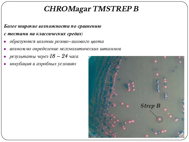 CHROMagar TMSTREP B Более широкие возможности по сравнению с тестами