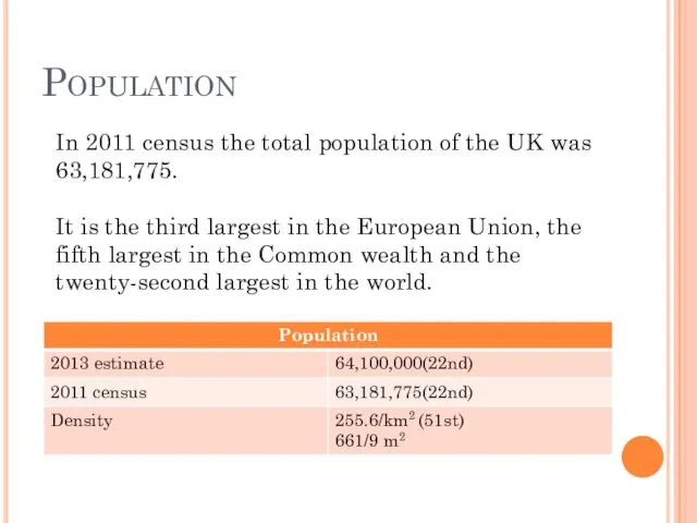 Population In 2011 census the total population of the UK