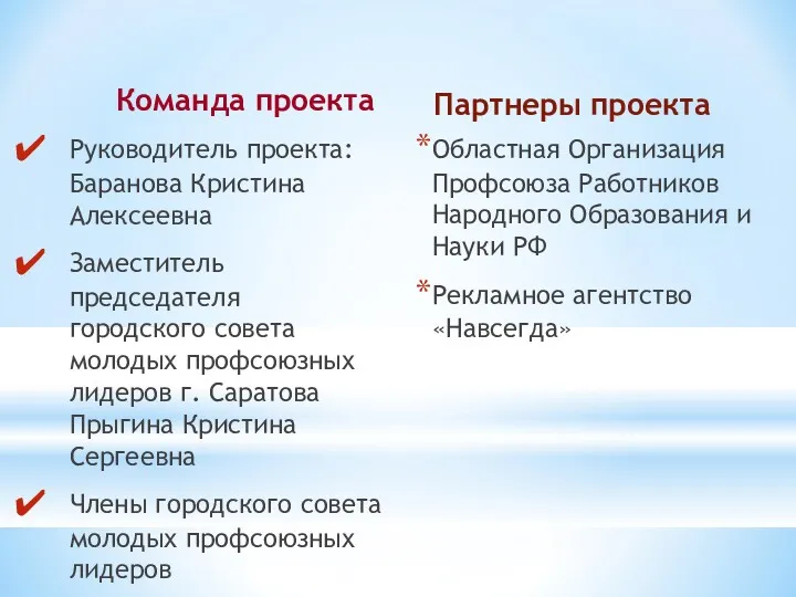 Команда проекта Руководитель проекта: Баранова Кристина Алексеевна Заместитель председателя городского