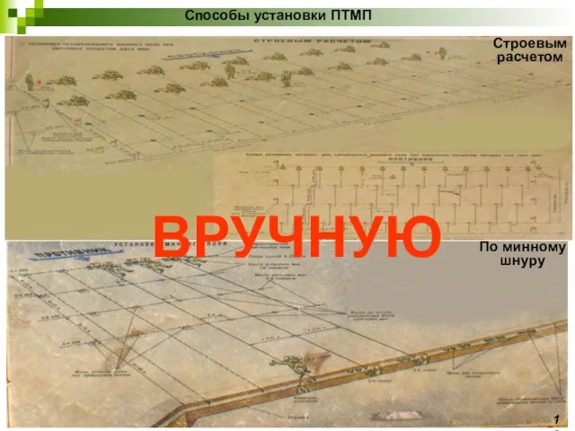 Способы установки ПТМП ВРУЧНУЮ Строевым расчетом По минному шнуру