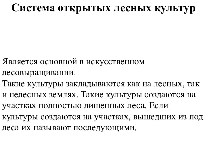 Система открытых лесных культур Является основной в искусственном лесовыращивании. Такие