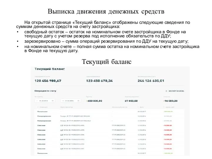 Выписка движения денежных средств На открытой странице «Текущий баланс» отображены следующие сведения по