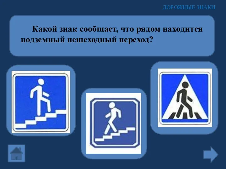 Какой знак сообщает, что рядом находится подземный пешеходный переход? ДОРОЖНЫЕ ЗНАКИ