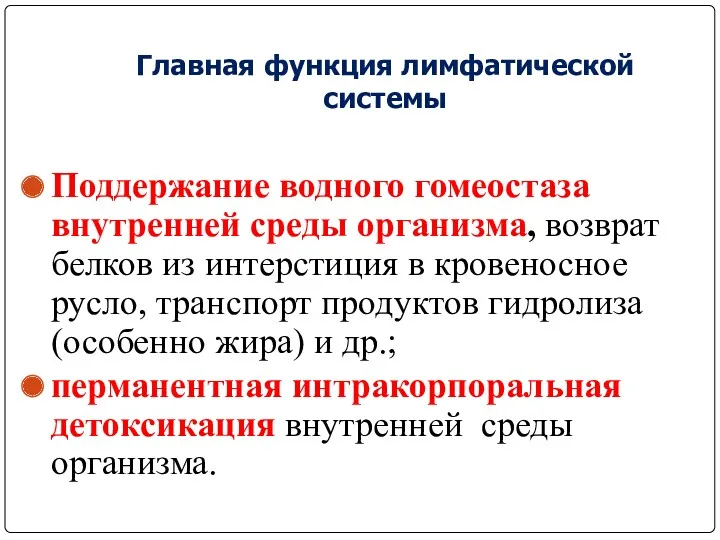 Поддержание водного гомеостаза внутренней среды организма, возврат белков из интерстиция в кровеносное русло,