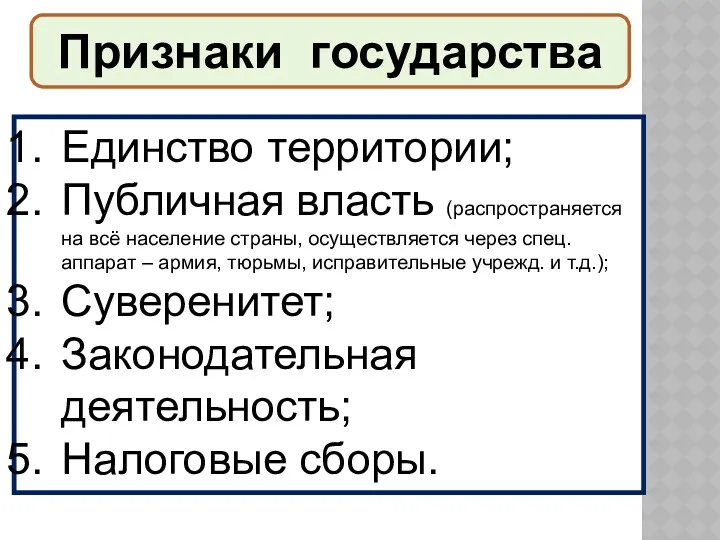 Признаки государства Единство территории; Публичная власть (распространяется на всё население