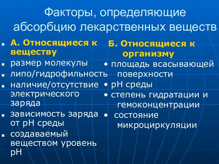 Факторы, определяющие абсорбцию лекарственных веществ А. Относящиеся к веществу размер