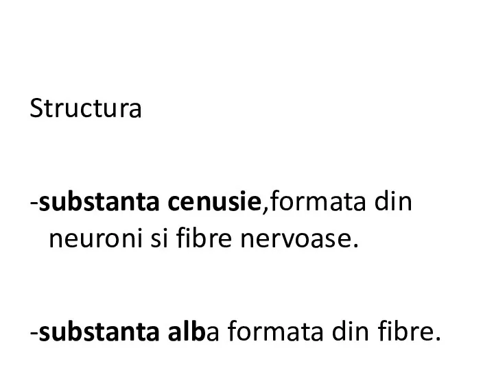 Structura -substanta cenusie,formata din neuroni si fibre nervoase. -substanta alba formata din fibre.