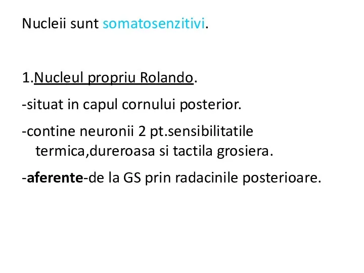 Nucleii sunt somatosenzitivi. 1.Nucleul propriu Rolando. -situat in capul cornului