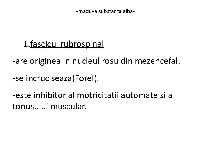-maduva substanta alba- 1.fascicul rubrospinal -are originea in nucleul rosu