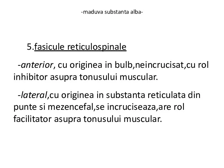 -maduva substanta alba- 5.fasicule reticulospinale -anterior, cu originea in bulb,neincrucisat,cu