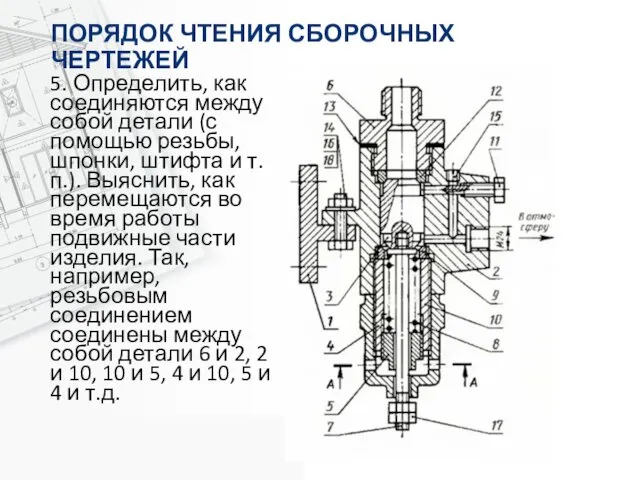 ПОРЯДОК ЧТЕНИЯ СБОРОЧНЫХ ЧЕРТЕЖЕЙ 5. Определить, как соединяются между собой