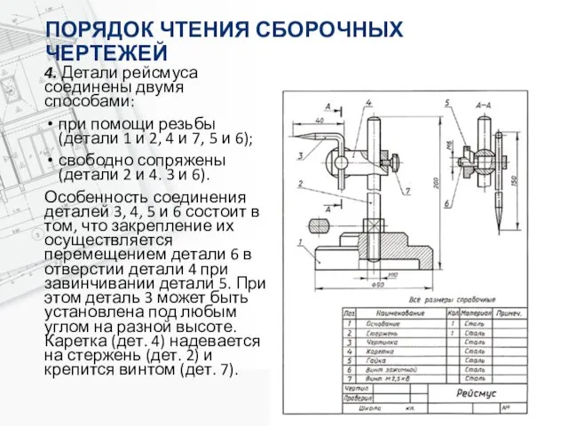 ПОРЯДОК ЧТЕНИЯ СБОРОЧНЫХ ЧЕРТЕЖЕЙ 4. Детали рейсмуса соединены двумя способами: