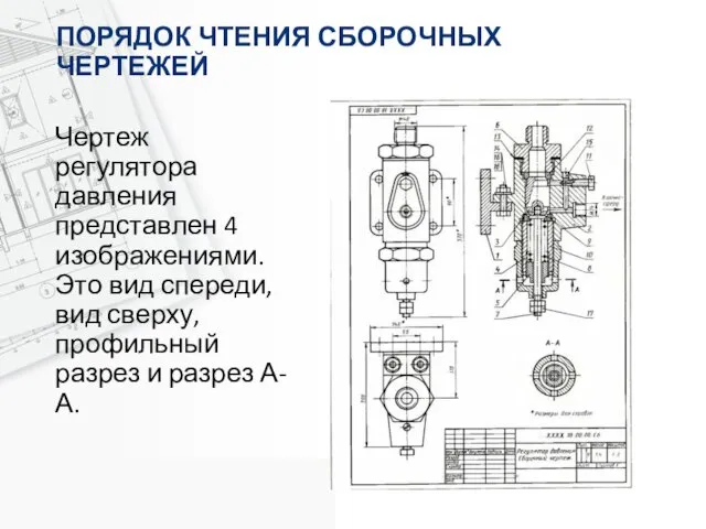 ПОРЯДОК ЧТЕНИЯ СБОРОЧНЫХ ЧЕРТЕЖЕЙ Чертеж регулятора давления представлен 4 изображениями.