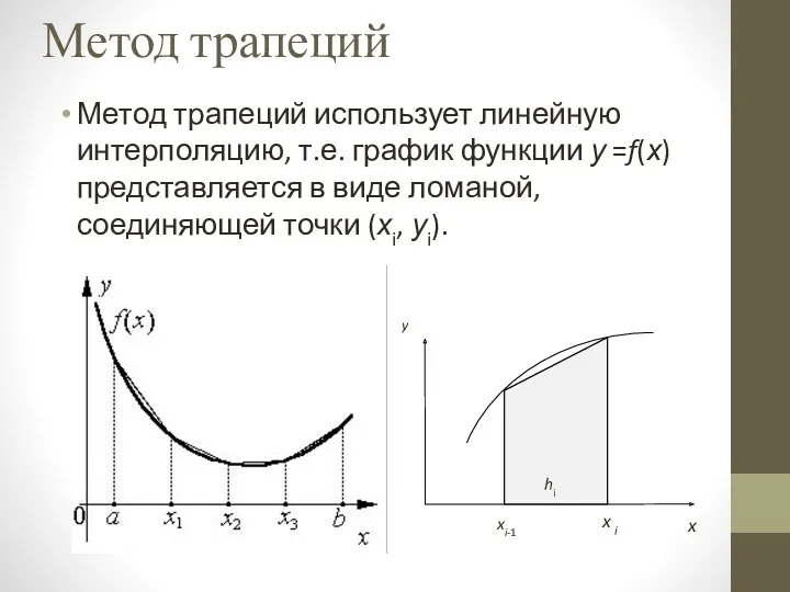 Метод трапеций Метод трапеций использует линейную интерполяцию, т.е. график функции у =f(х) представляется