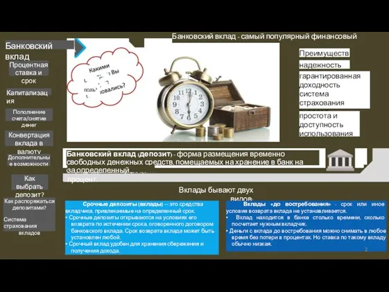 Банковский вклад Процентная ставка и срок Капитализация Пополнение счета/снятие денег