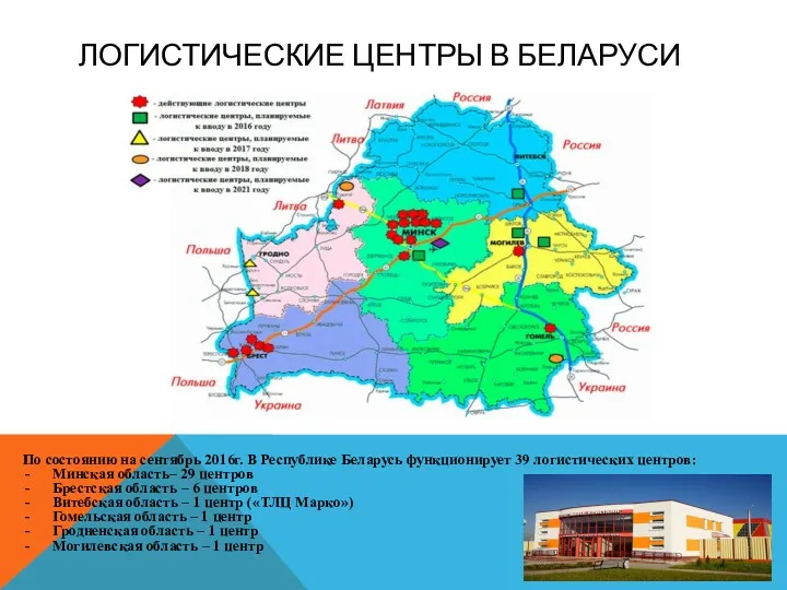 ЛОГИСТИЧЕСКИЕ ЦЕНТРЫ В БЕЛАРУСИ По состоянию на сентябрь 2016г. В