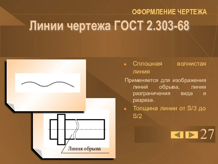 27 Линии чертежа ГОСТ 2.303-68 Сплошная волнистая линия Применяется для