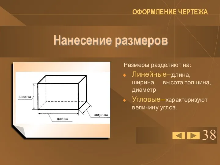 38 Нанесение размеров Размеры разделяют на: Линейные--длина,ширина, высота,толщина,диаметр Угловые--характеризуют величину углов. ОФОРМЛЕНИЕ ЧЕРТЕЖА