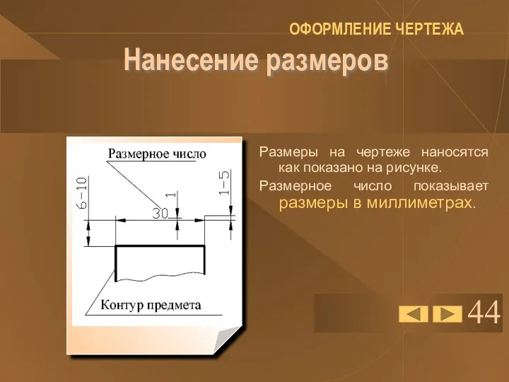 44 Нанесение размеров Размеры на чертеже наносятся как показано на рисунке. Размерное число