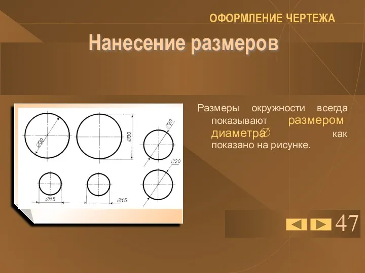 47 Нанесение размеров Размеры окружности всегда показывают размером диаметра как показано на рисунке. ОФОРМЛЕНИЕ ЧЕРТЕЖА