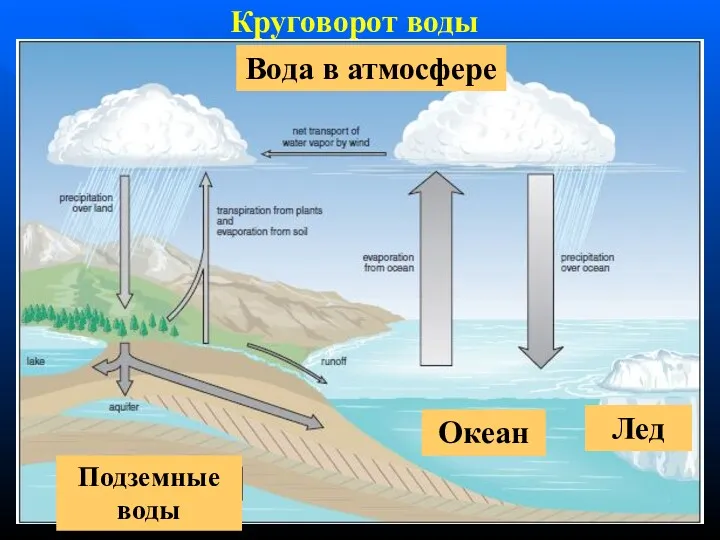 Круговорот воды Вода в атмосфере Океан Лед Подземные воды