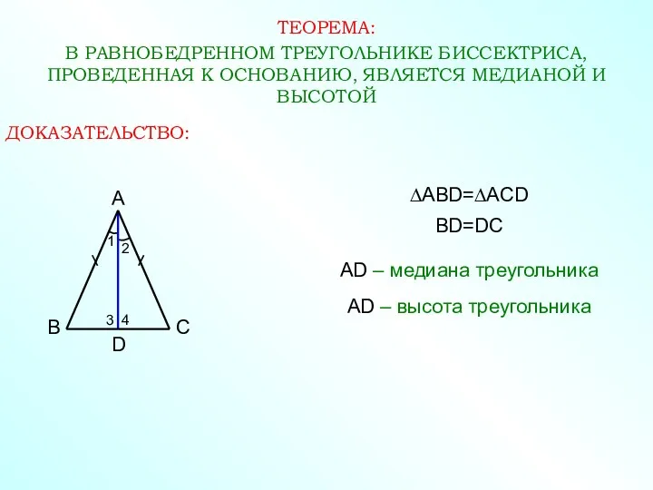 ТЕОРЕМА: В РАВНОБЕДРЕННОМ ТРЕУГОЛЬНИКЕ БИССЕКТРИСА, ПРОВЕДЕННАЯ К ОСНОВАНИЮ, ЯВЛЯЕТСЯ МЕДИАНОЙ