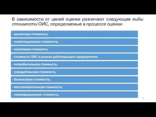 В зависимости от целей оценки различают следующие виды стоимости ОИС, определяемые в процессе оценки: