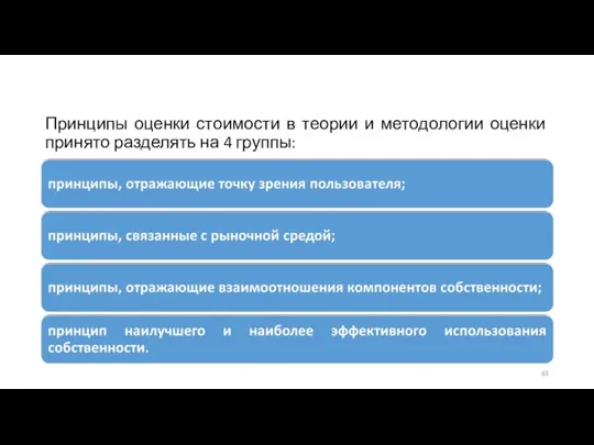 Принципы оценки стоимости в теории и методологии оценки принято разделять на 4 группы: