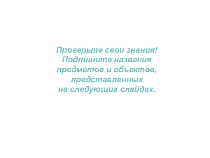 Проверьте свои знания! Подпишите названия предметов и объектов, представленных на следующих слайдах.