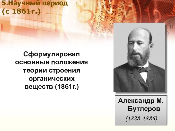 Сформулировал основные положения теории строения органических веществ (1861г.) 5.Научный период (с 1861г.) Александр М. Бутлеров (1828-1886)