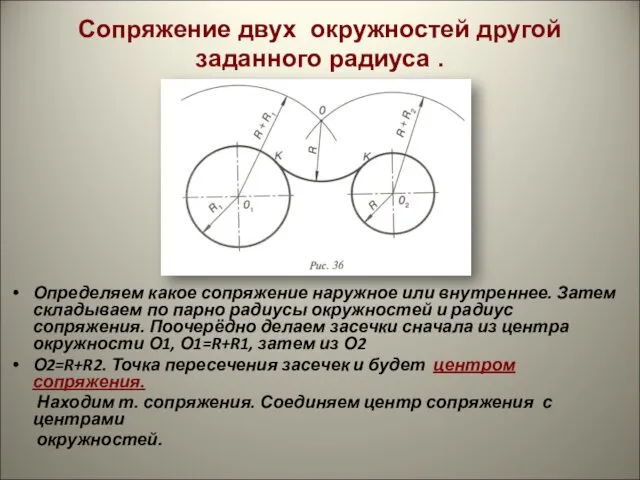 Сопряжение двух окружностей другой заданного радиуса . Определяем какое сопряжение