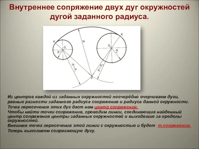 Внутреннее сопряжение двух дуг окружностей дугой заданного радиуса. Из центров