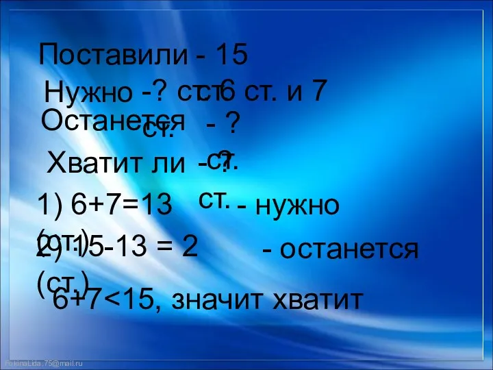 Поставили Нужно Останется Хватит ли - 15 ст. -? ст.