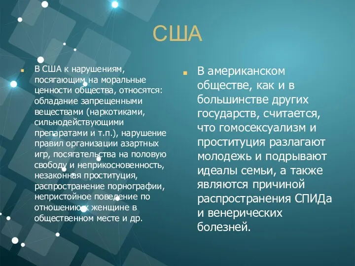 США В США к нарушениям, посягающим на моральные ценности общества,