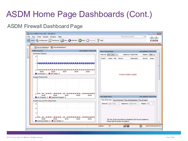 ASDM Home Page Dashboards (Cont.) ASDM Firewall Dashboard Page