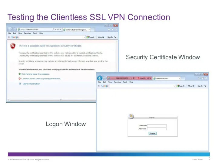 Testing the Clientless SSL VPN Connection Logon Window Security Certificate Window