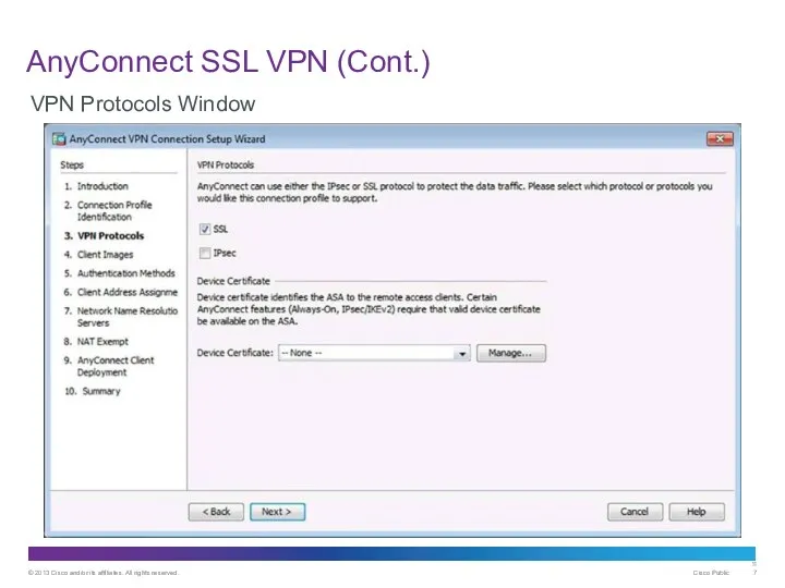 AnyConnect SSL VPN (Cont.) VPN Protocols Window