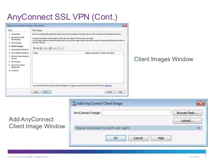 AnyConnect SSL VPN (Cont.) Add AnyConnect Client Image Window Client Images Window