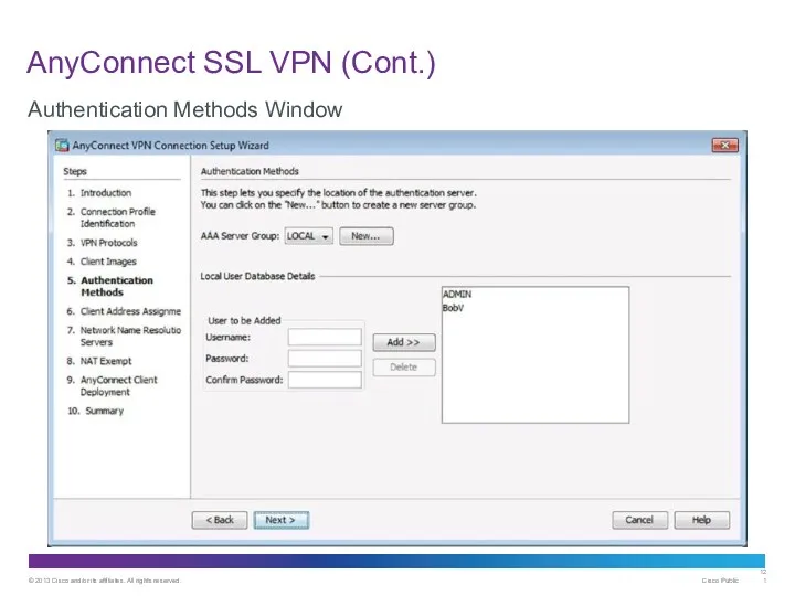 AnyConnect SSL VPN (Cont.) Authentication Methods Window