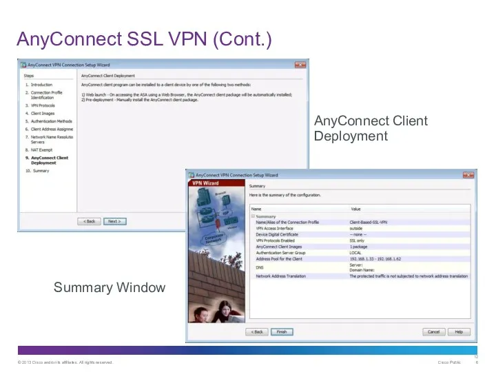 AnyConnect SSL VPN (Cont.) Summary Window AnyConnect Client Deployment