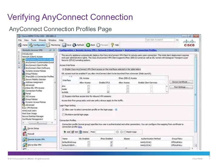 Verifying AnyConnect Connection AnyConnect Connection Profiles Page