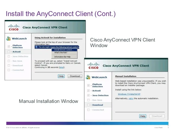 Install the AnyConnect Client (Cont.) Manual Installation Window Cisco AnyConnect VPN Client Window