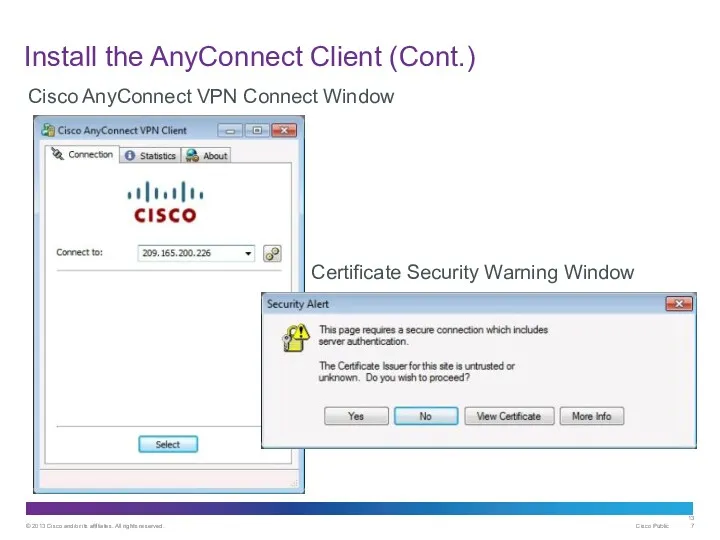 Install the AnyConnect Client (Cont.) Cisco AnyConnect VPN Connect Window Certificate Security Warning Window