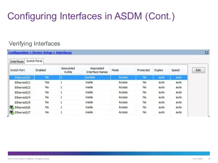 Configuring Interfaces in ASDM (Cont.) Verifying Interfaces